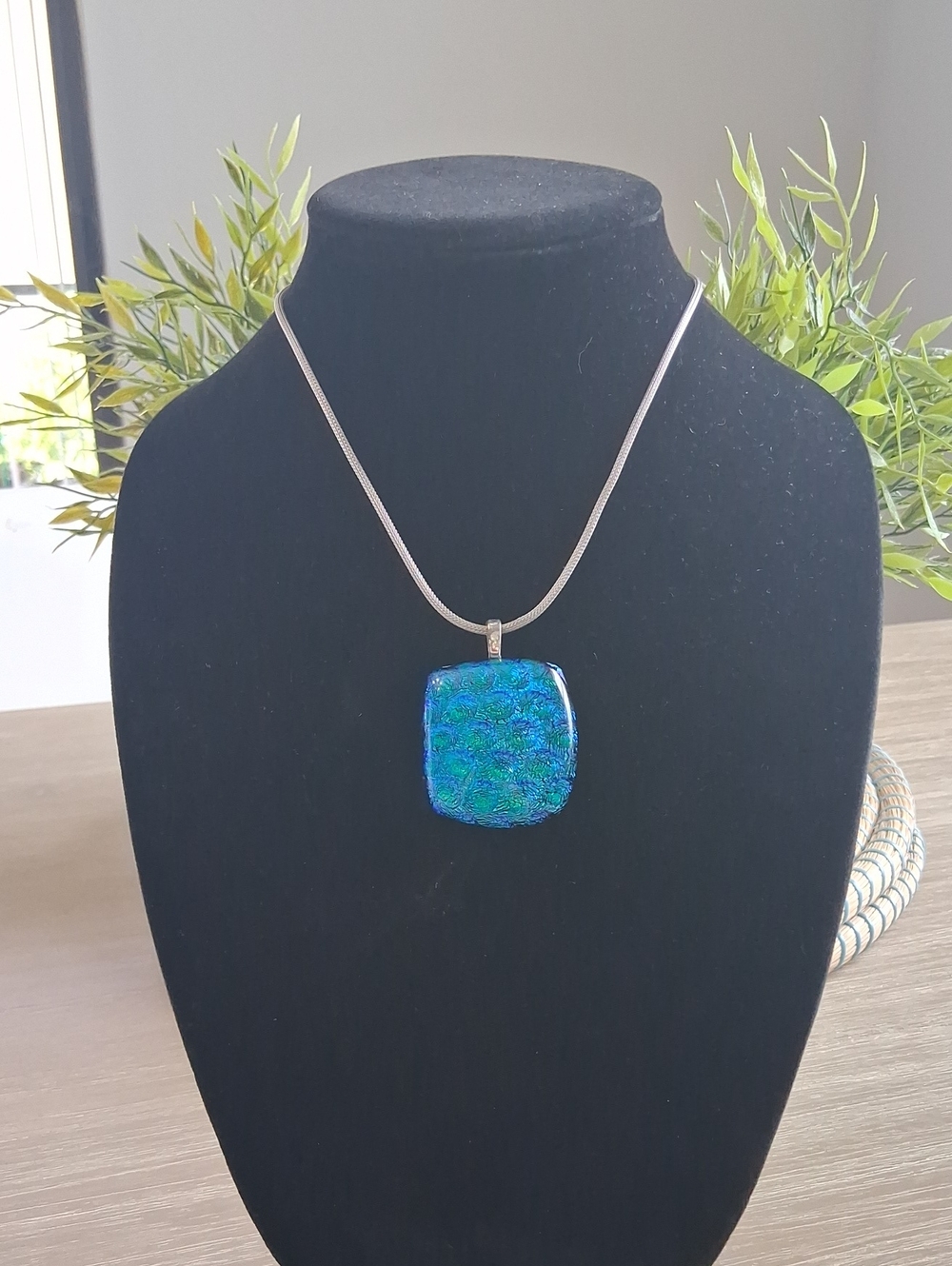 Blue-Green Dichroic Glass Pendant Necklace Silver-Toned Chain